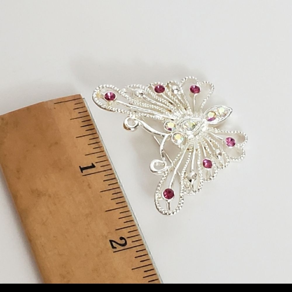 Silver-tone Filigree Butterfly Brooch Pink Crystals - Picture 7 of 7